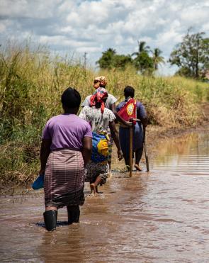 Women walk through flooded fields in Buzi, Mozambique